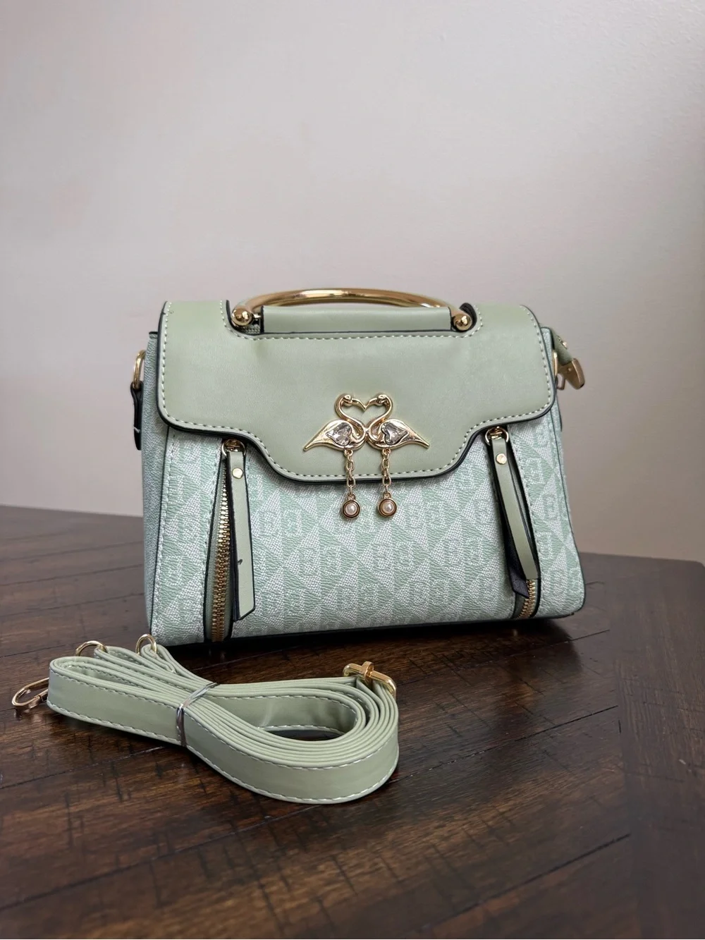 Mint Green Top-Handle Crossbody Bag with Gold Flamingo Accent